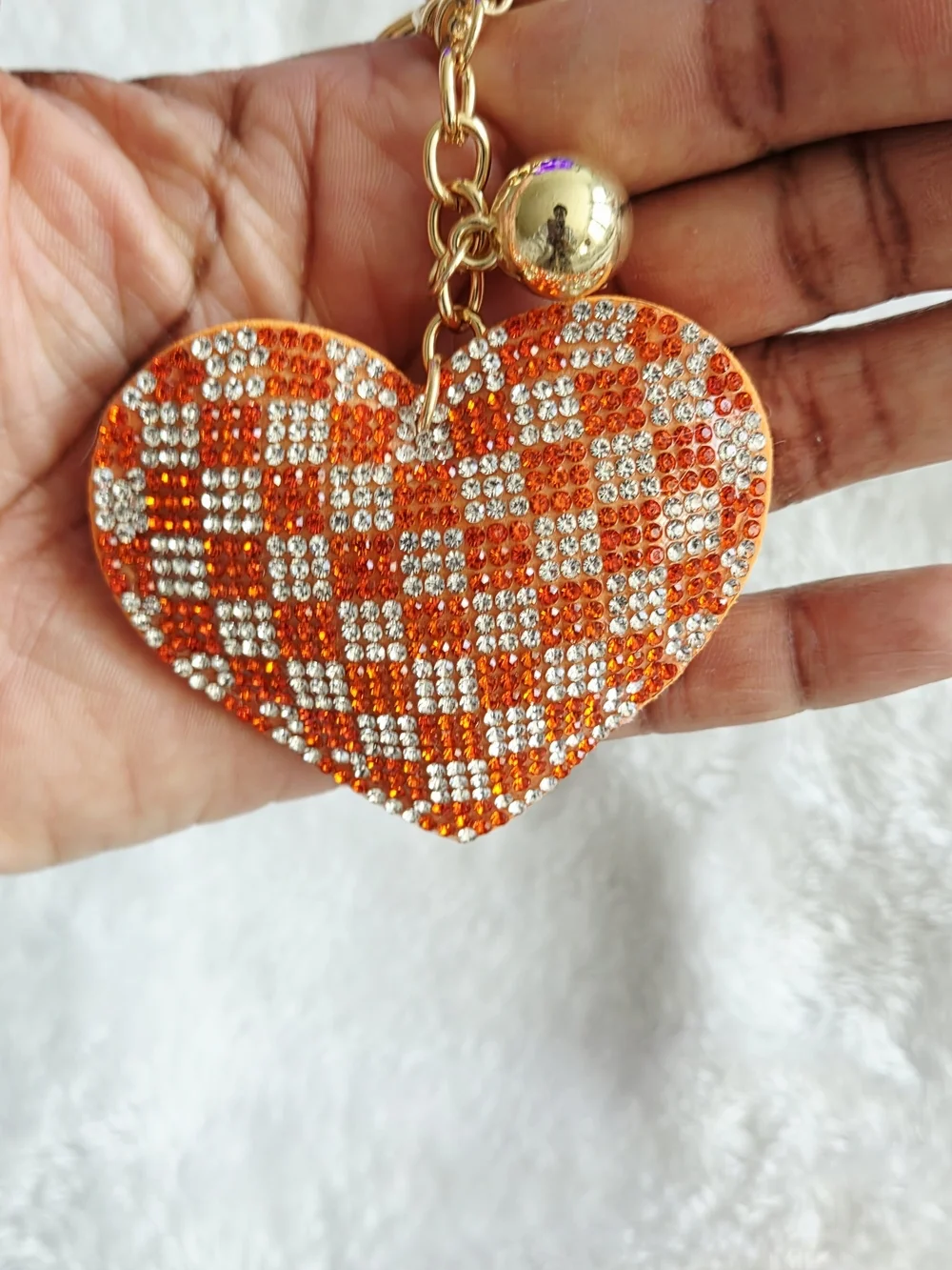 Orange Rhinestone Heart Keychain with Tassel Bling Bag Charm